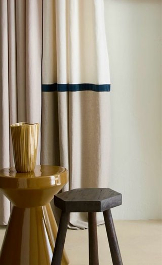 Cortina lino/terciopelo azul y beige