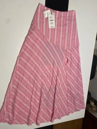 Falda Zara Lino Rayas Rosa Talla XS