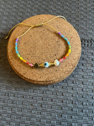 Pulsera Perla, Ojo Turco y Corazón Dorado
