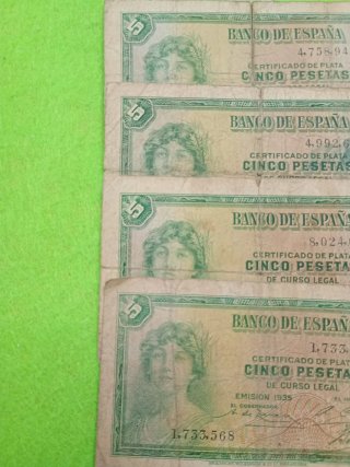 4 Billetes Banco España 5 Pesetas sin serie 1935