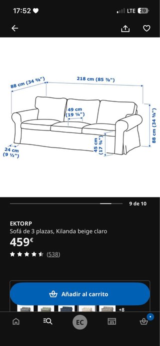 Sofá 3 plazas Ikea beige/gris