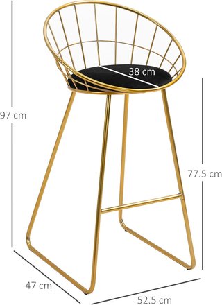 Set de 2 Taburetes Altos de Bar, Taburetes de Cocina con Respaldo y Reposapiés para Sala de Estar o Cocina Estilo Moderno, Cojín de Terciopelo y Estructura de Metal, 52.5X47X97Cm, Negro y Oro