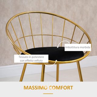 Set de 2 Taburetes Altos de Bar, Taburetes de Cocina con Respaldo y Reposapiés para Sala de Estar o Cocina Estilo Moderno, Cojín de Terciopelo y Estructura de Metal, 52.5X47X97Cm, Negro y Oro
