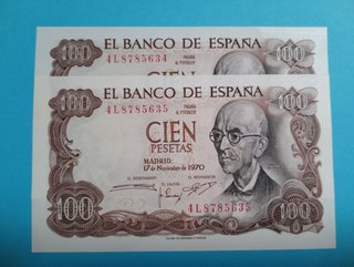 2 billetes de 100 pesetas. del año 1970, CORRELATI