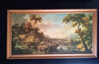 Cuadro antiguo paisaje río y pueblo