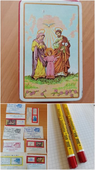 Caja antigua azafrán, etiquetas y lápices