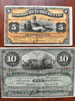 Lote billetes 5 y 10 Pesos Banco Español Cuba