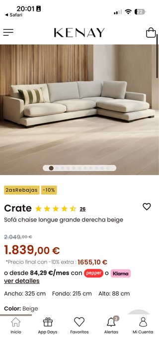 Sofá chaise longue beige de KENAY HOME