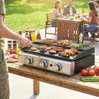 Barbacoa Gas 3 Quemadores Plancha Parrilla Negra