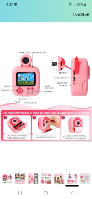 Cámara infantil rosa con accesorios nuevo precinta