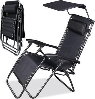 Tumbona plegable negra de acero con parasol