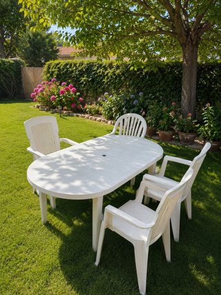 Mesa de jardín y 4 sillas de plástico