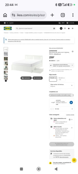 Estructura Cama IKEA SONGESAND 140x200 4 cajones