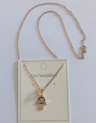 Colar Aço Inox Dourado Mão Fátima Hamsa