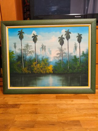 Cuadro paisaje palmeras y río