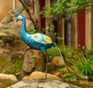 Figura pavo real decorativa metal azul y dorado