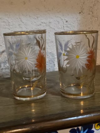 Juego Jarra y Vasos Antiguos Flores Doradas