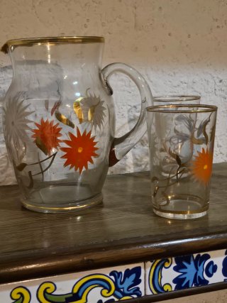 Juego Jarra y Vasos Antiguos Flores Doradas