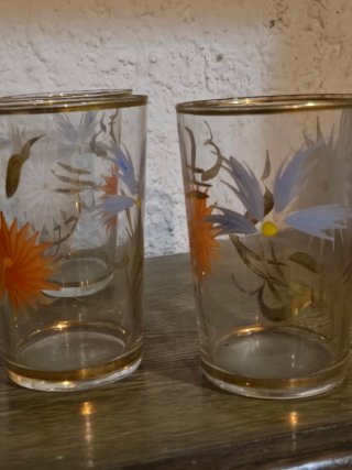 Juego Jarra y Vasos Antiguos Flores Doradas