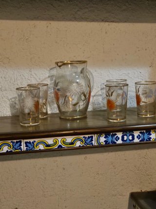 Juego Jarra y Vasos Antiguos Flores Doradas