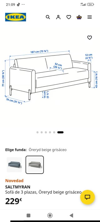 Sofá Ikea Saltmyran Gris Tela