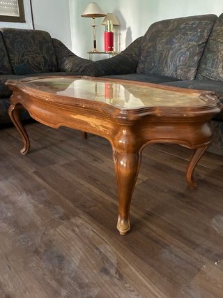 Mesa de centro madera y piedra estilo isabelino