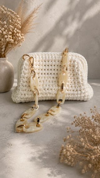 Borsa uncinetto avorio con catena in resina