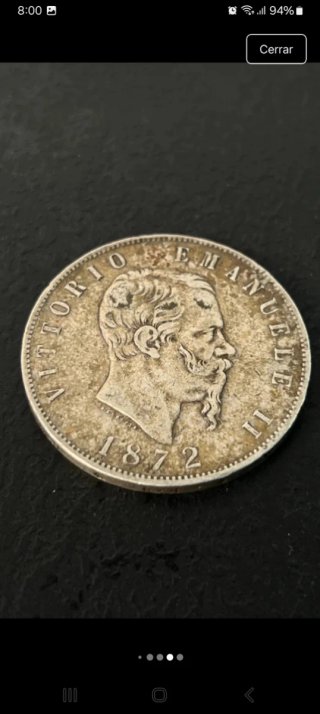 5 Liras plata , italia 1872 ,  canto FFRT, RARA