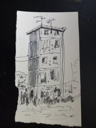 Dibujo urbano a pilot sobre papel. 8,50x 15 cm.