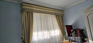 Edredón y cortinas tela azul y amarillo