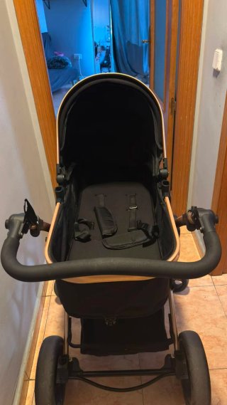 Carrito de bebé negro y dorado