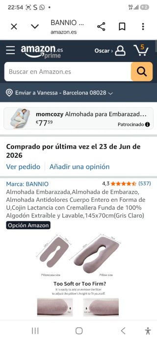 Almohada Embarazo Forma U Gris Claro