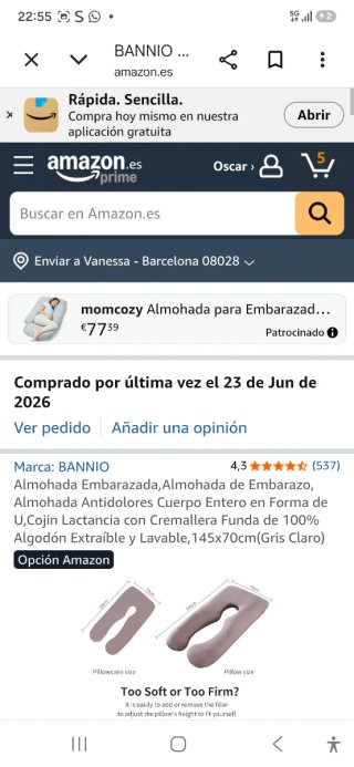 Almohada Embarazo Forma U Gris Claro