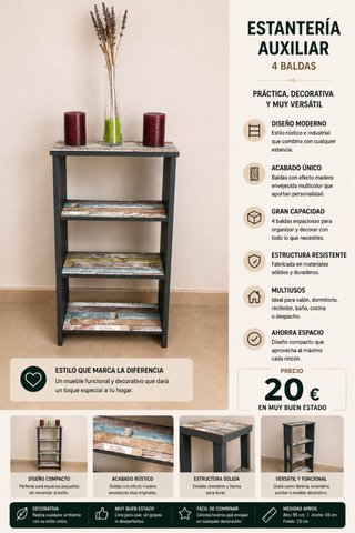 Estantería auxiliar 4 baldas rústica