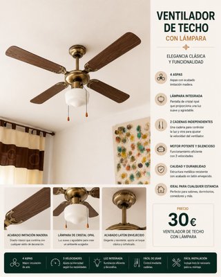 Ventilador de Techo con Lámpara Madera y Latón