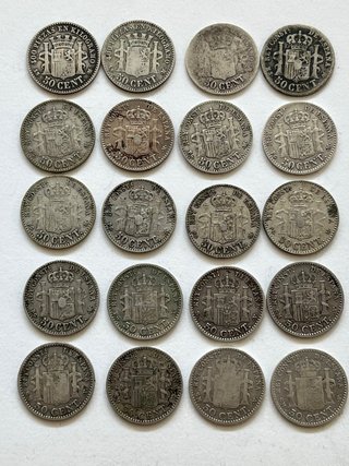 Escaso lote 20 monedas 50 céntimos plata España