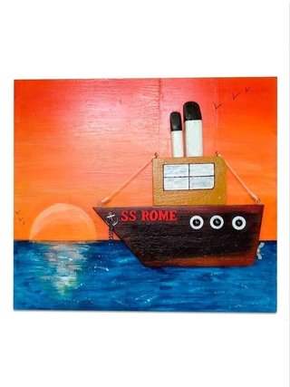 Cuadro Pintura Amanecer Barco Madera Relieve