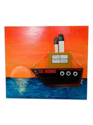 Cuadro Pintura Amanecer Barco Madera Relieve