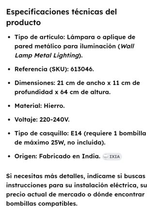2 Lámparas apliques de Pared Metálicas IXIA Nuevas