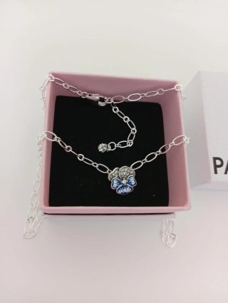 Collar Pandora Flor Azul y Plata