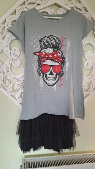 Vestido Talla Única Gris con Tul Negro
