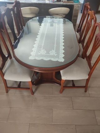 Mesa comedor cristal y 6 sillas madera