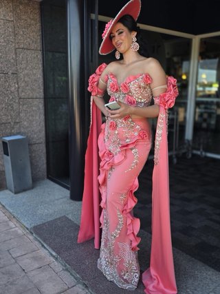 Vestido de fiesta gitana azul cielo y rosa