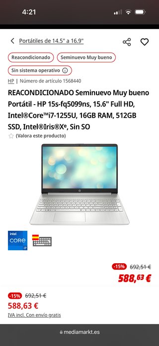 Portátil HP i7 16GB RAM Plata