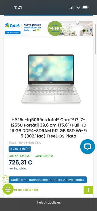 Portátil HP i7 16GB RAM Plata