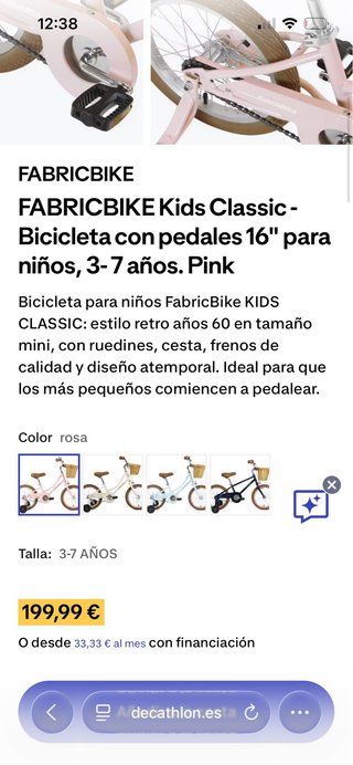 Bicicleta infantil rosa con cesta