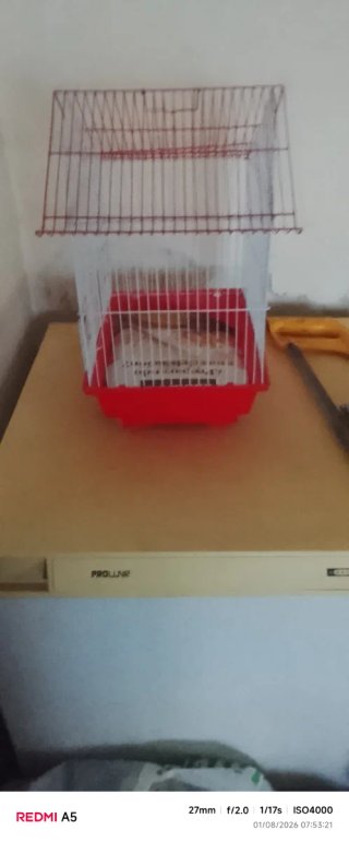 Jaula para pájaros roja y blanca