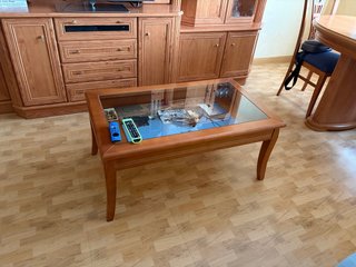 Mesa centro madera y cristal 2 alturas