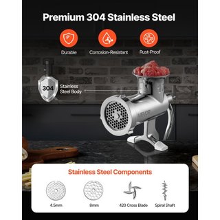 Molino de Carne Manual, Molino de Carne de Acero Inoxidable 304 con Abrazadera de Mesa de Acero, Picadora de Carne y Fabricante de Salchichas con 1 Cuchilla de Corte, 2 Placas de Corte, Tubo para ...