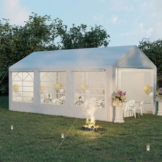 Gazebo De Jardín 6X3 M Con Ventanas Laterales, Carpa Para Fiestas De 3 Habitaciones Con Puertas De Cremallera Y Recubrimiento Anti UV, Blanco